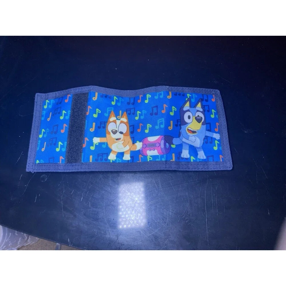 Bluey & Bingo Kids Trifold Wallet Blue Musical Notes Hook And Loop Zipper Pocket
